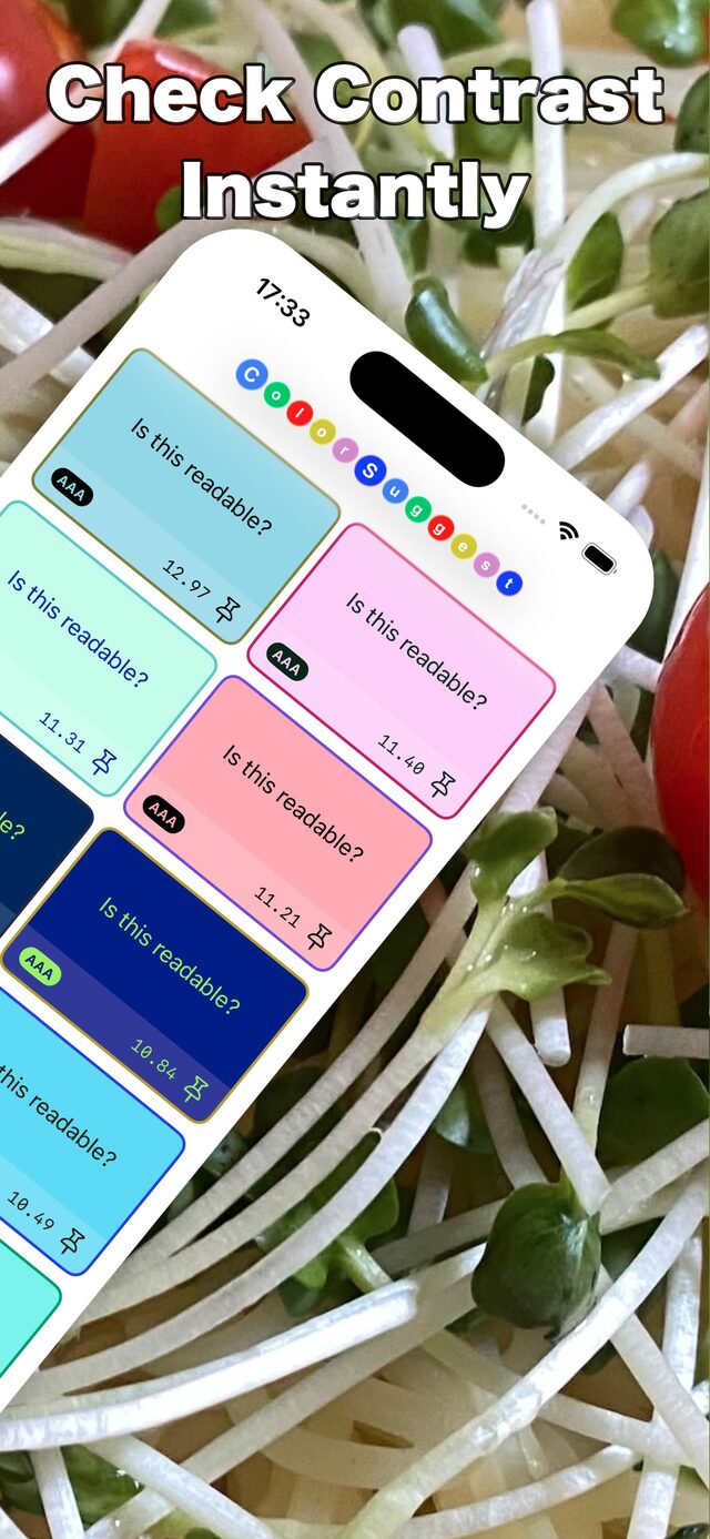 Contrast ratios and AAA badges listed for each color pair