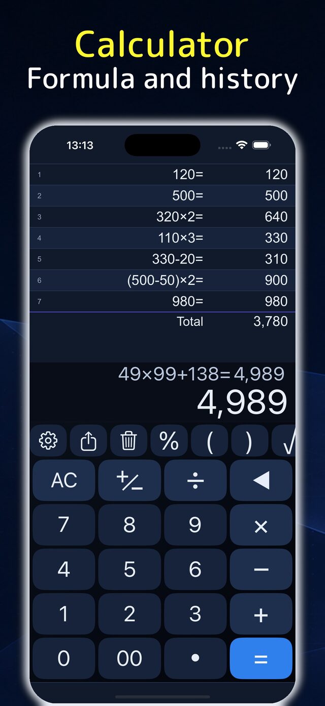 Calculator showing the formula, history, and total