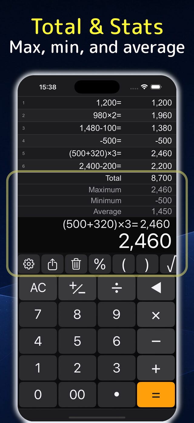 History with total, tax, and statistics calculated automatically