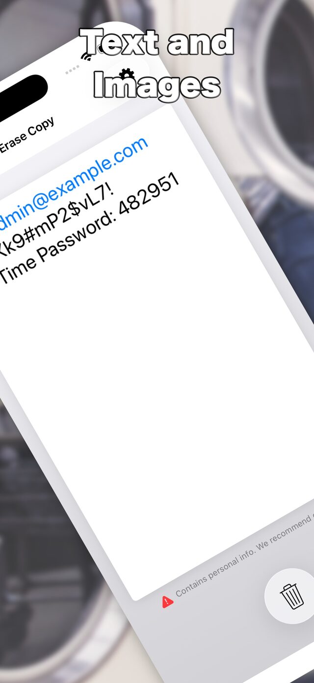 Clipboard text shown with a warning that it contains personal info