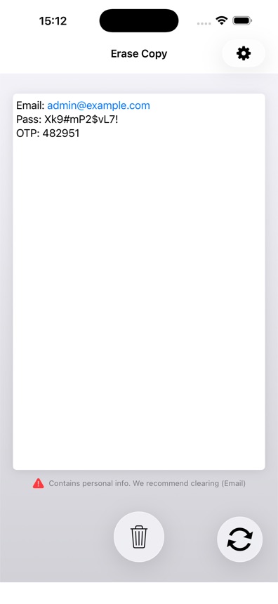 Clipboard text shown with a warning that it contains personal info