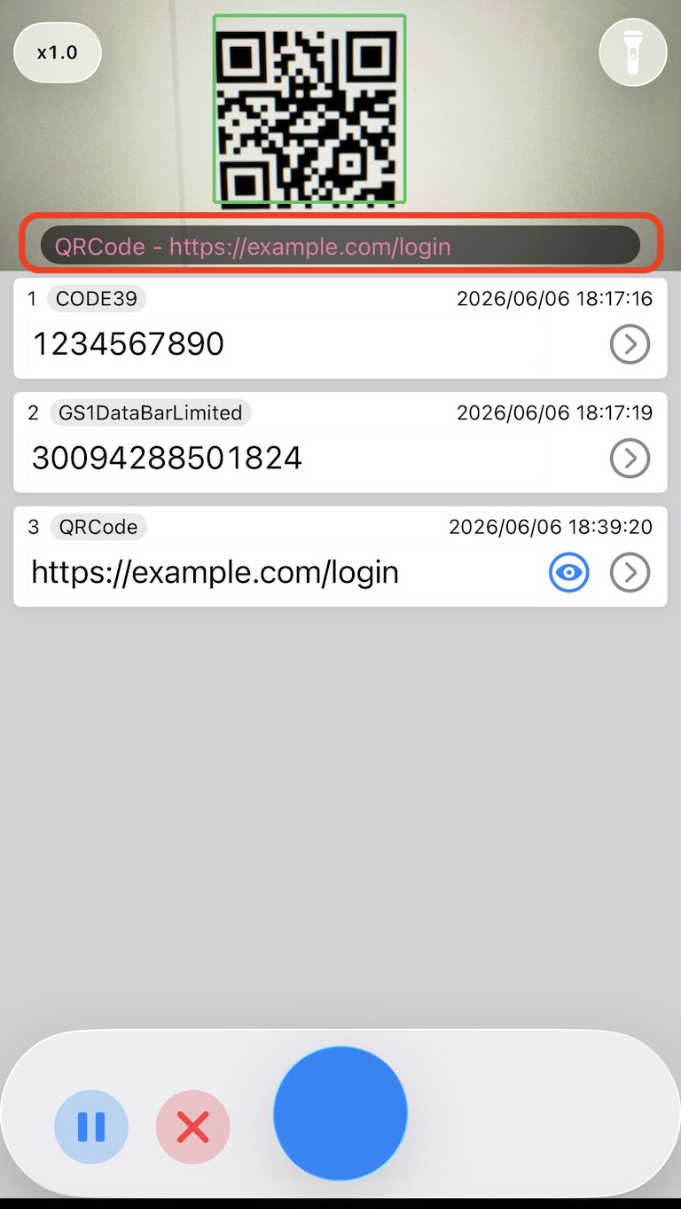 A screen showing a QR code URL in the scan result