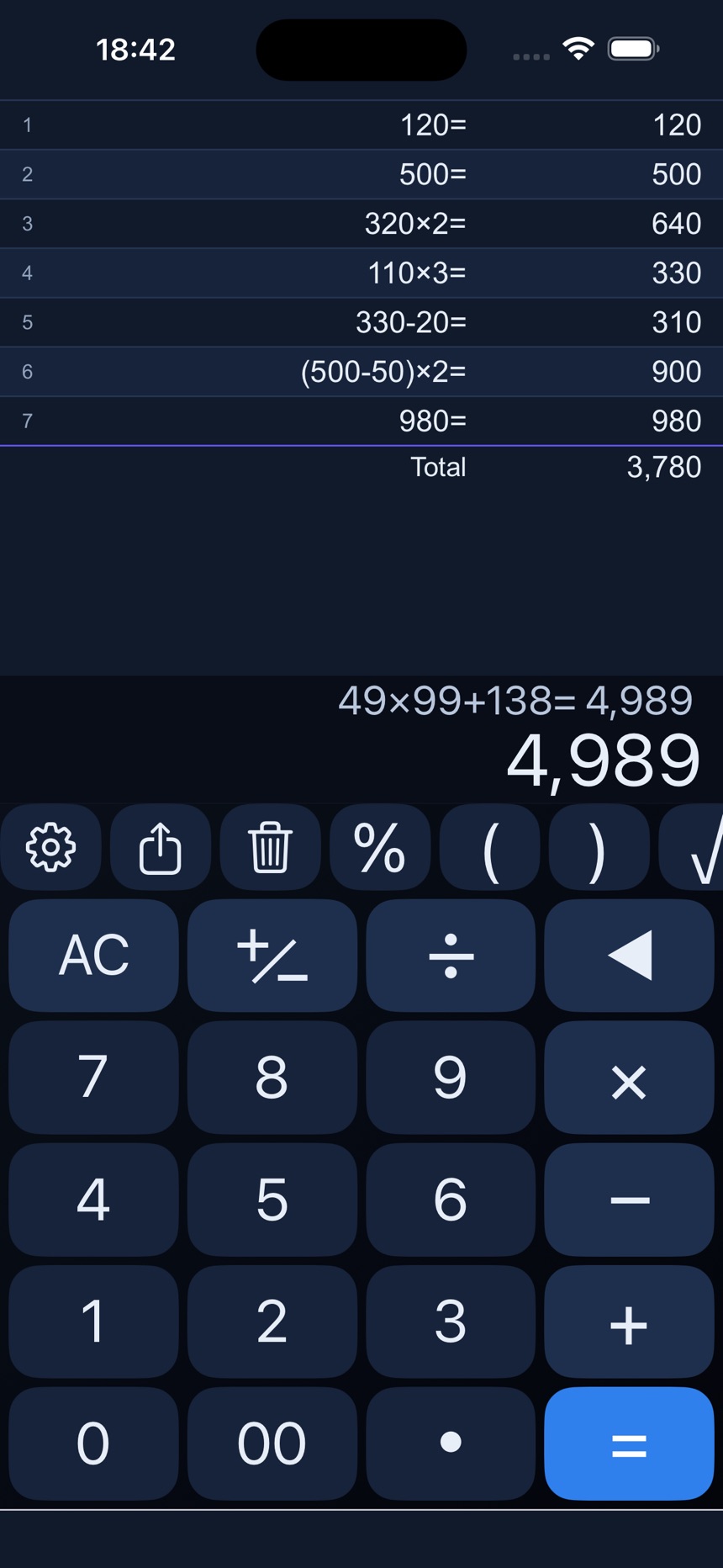 Calculator with rounded buttons and a deep navy color set